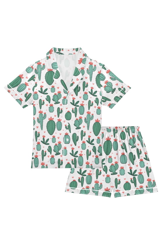 Pajama Set Green Flower Cactus Button-up Short-sleeved Shorts 2 Piece Casual Sleepwear