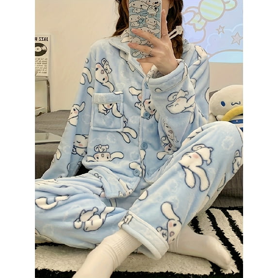Pajama Set Homewear, Kitty, Kuromi, Cinnamoroll, My Melody, Pochacco, Coral Fleece Pajama Set, Cute Cartoon Autumn Winter Thickened Coral Fleece Pajama Set with