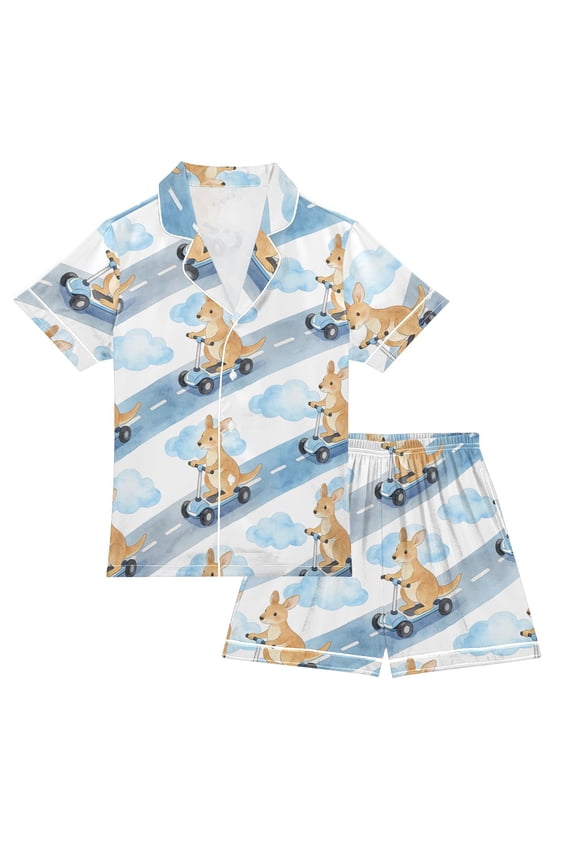 Pajama Set Kangaroo Bicycle Button-up Short-sleeved Shorts 2 Piece Casual Sleepwear