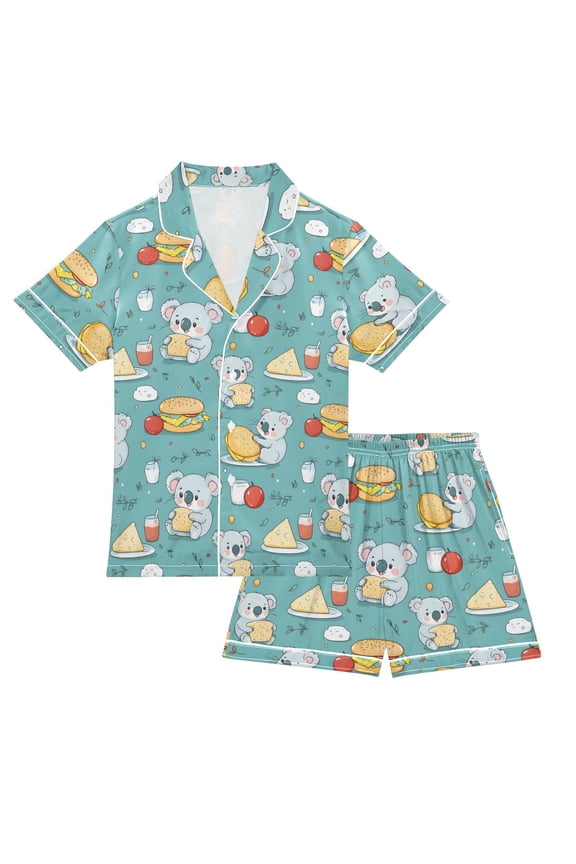 Pajama Set Koala Hamburger Button-up Short-sleeved Shorts 2 Piece Casual Sleepwear