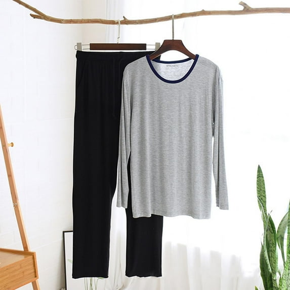 Pajama Set Men Comfy Fashion Pajama Solid Casual Round-Neck Long Sleeve Pants Set Sleepwear Pajama Sets Men Pjs Sets for Men Pajama Men Set Man Pajamas