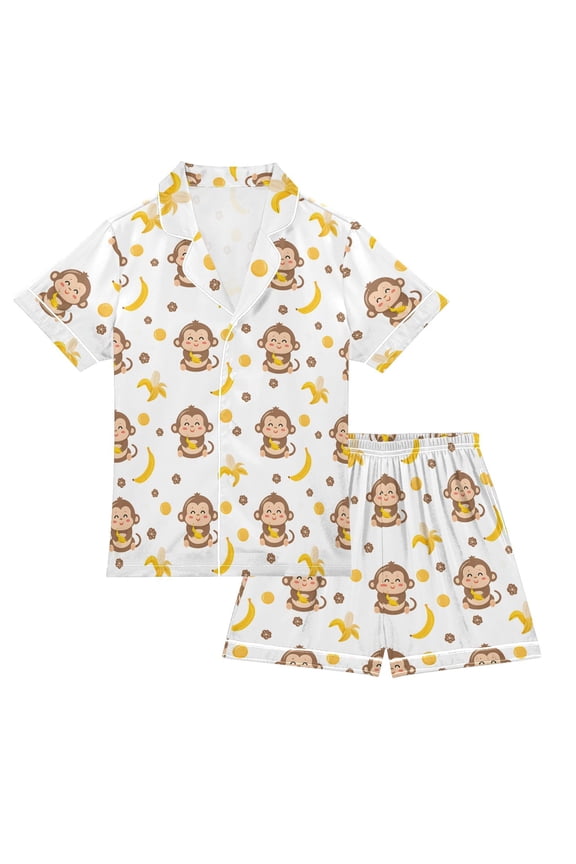 Pajama Set Monkey Banana Button-up Short-sleeved Shorts 2 Piece Casual Sleepwear