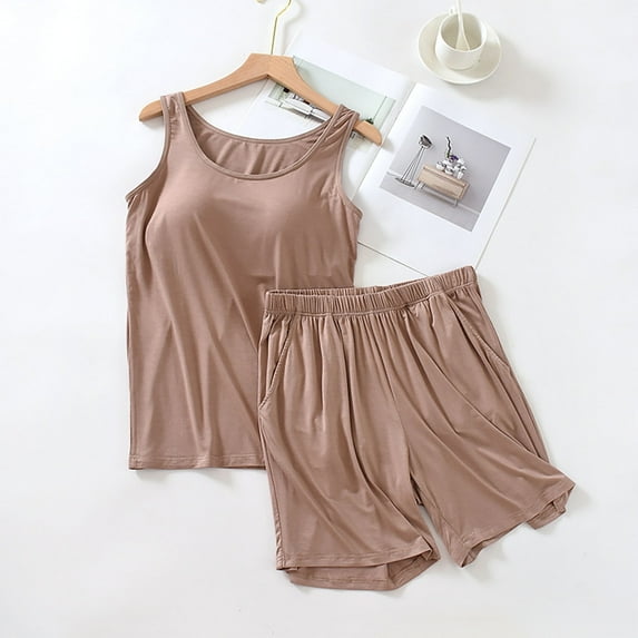 Pajama Set New Women's Fashion Loose Solid Color Suspender Home Wear Two-Piece Pajama Sets Style B-23 Khaki XL