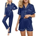 thumbnail image 1 of Pajama Set Satin Pyjamas Women'S Short 4 Piece Pyjamas Short Sleeve Sleepwear And Shorts Set Women Sets Leisure Suit Loungewear,Blue Female Pajamas 2XL, 1 of 4