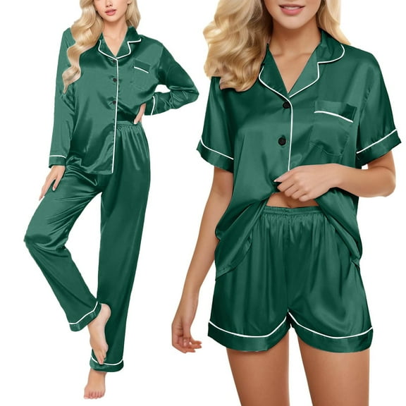 Pajama Set Satin Pyjamas Women'S Short 4 Piece Pyjamas Short Sleeve Sleepwear And Shorts Set Women Sets Leisure Suit Loungewear,Green Female Pajamas XL