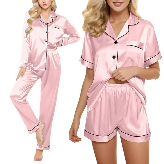 Pajama Set Satin Pyjamas Women'S Short 4 Piece Pyjamas Short Sleeve Sleepwear And Shorts Set Women Sets Leisure Suit Loungewear,Pink Female Pajamas 4XL