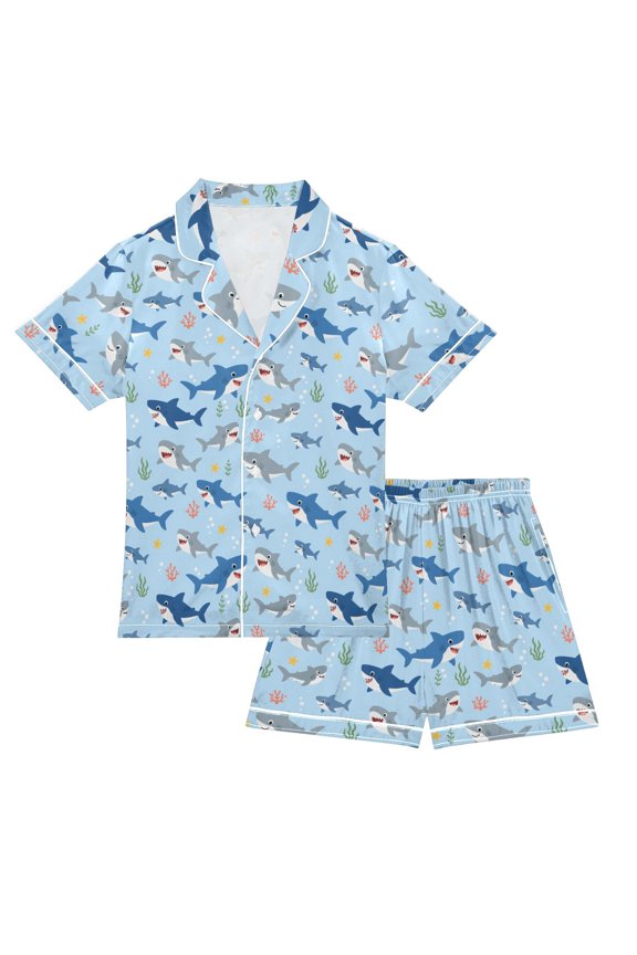 Pajama Set Sharks Button-up Short-sleeved Shorts 2 Piece Casual Sleepwear