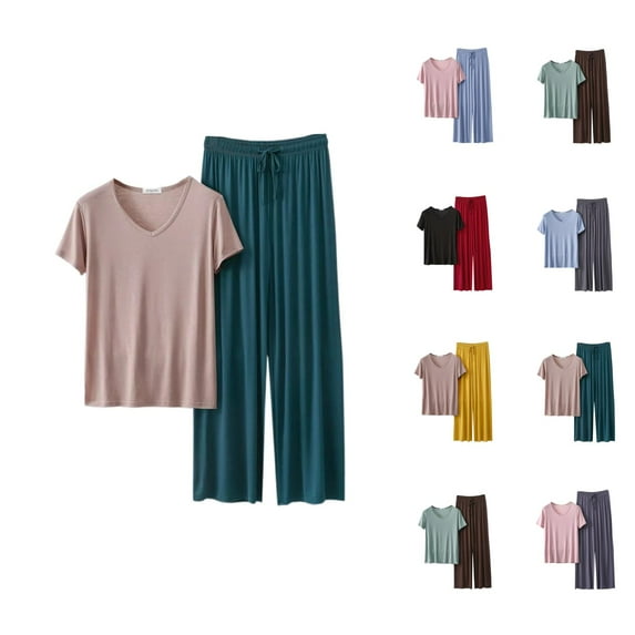 Pajama Set – Short Sleeve Bridal Loungewear V Neck Short Sleeve Pajama Set With Loose Fit Long Pants For Women Thin Summer Sleepwear