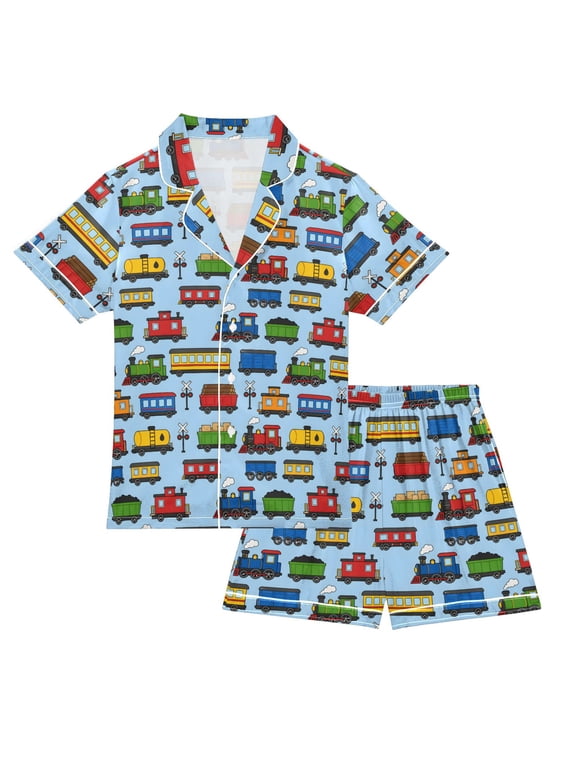 Pajama Set Train Button-up Short-sleeved Shorts 2 Piece Casual Sleepwear
