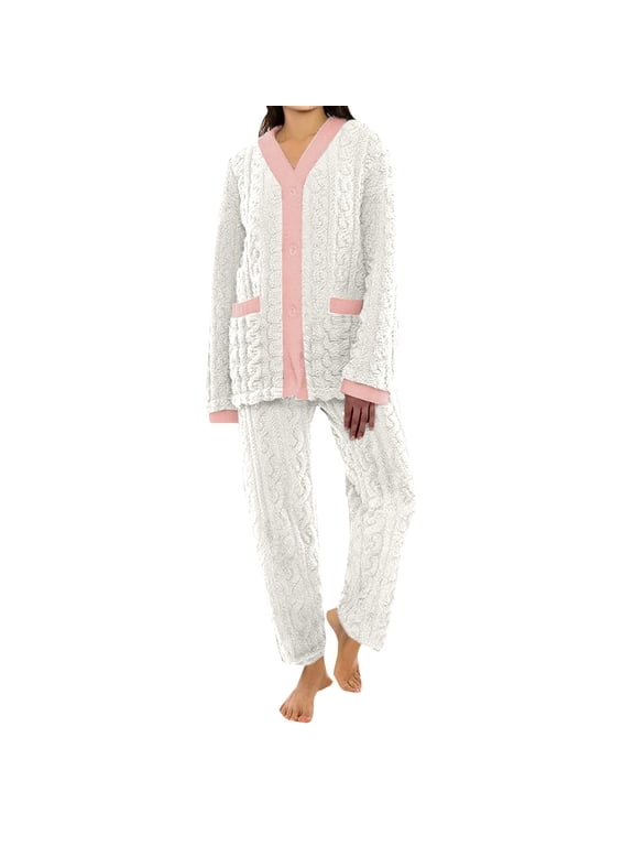 Pajama Set for Women 2 Piece Fashionable Solid-color Fall/Winter Thick and Warm Fleece Comforter Set with Elastic Waist and Coral Fleece Pajamas with Pockets Free Size