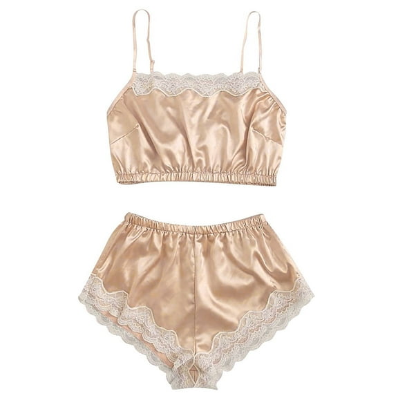 Pajama Set Women New Women's Satin Pajamas Women Cami Tops Short Pants Pjs Set Lace Underwear Nightwear Sleepwear for Home Silk Pajamas Beige XXL New