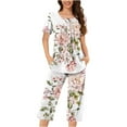 thumbnail image 1 of Pajama Set Women New Women's Short Sleeve Pajama Set 2 Piece Summer Sleep Set Floral Print Button Crew Neck Capris Pant Pjs Sets Womens Summer Pajamas Sets White XXL, 1 of 5