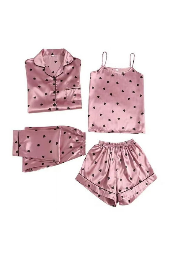 Pajama Set Women Trendy 4 Piece Print Slim Set for All Seasons Sleepwear