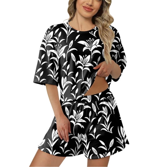 Pajama Set Women Trendy Short Sleeve Shorts Printed Fall Outfits Clothes,Black,XL