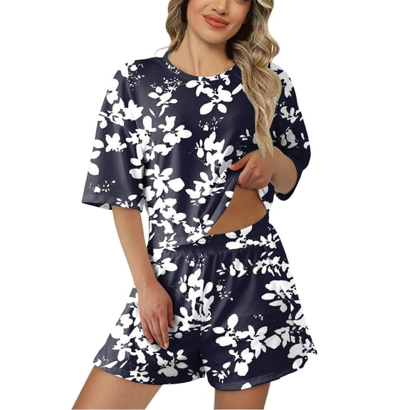 Pajama Set Women Trendy Short Sleeve Shorts Printed Women Pjs Sets,Navy,S