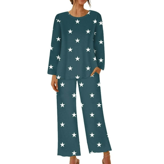 Pajama Set for Women Womens Sleepwear 2 Piece Sets Fashion Star Print Lightweight Long Sleeve Pullover and Pant Lounge Sets Homewear Pajamas Sets with Pocket Under $10