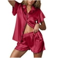 thumbnail image 1 of Pajama Set Womens Short Sleeve V Neck Silky Shirt With Capri Pant Button Down Soft Satin Loungewear Burgundy, 1 of 9