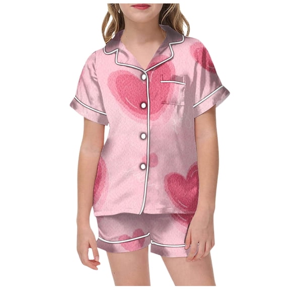 Pajama Set for Girls 2 Piece Valentine's Day Heart Pattern Lapel Button Up Short Homewear 2PC Boys Outfits(120 4-5 Years,Pink)