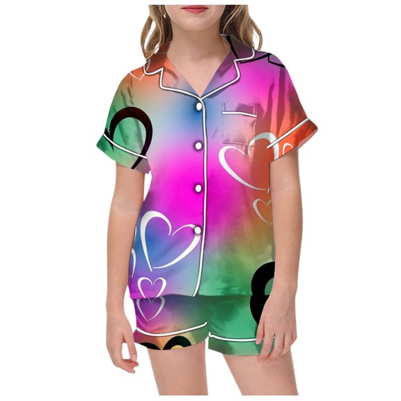 Pajama Set for Girls 2PC Lapel Button up Valentine's Day Heart Multicolor Graphics Boys Short Sleepwear 2 Piece Outfits(130 6-7 Years,)