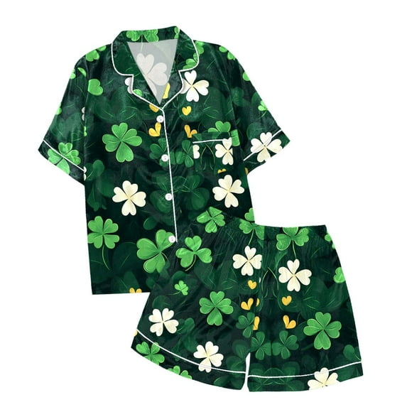 Pajama Set for Girls 2PC St. Patrick's Day Lapel Button up Kids Loungewear Boys Sleepwear 2 Piece Outfits Z14-Green 3-4 Years