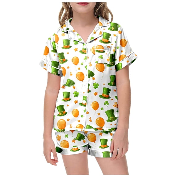 Pajama Set for Girls 2PC St. Patrick's Day Lapel Button up Kids Loungewear Boys Sleepwear 2 Piece Outfits Z28-Black 8-9 Years