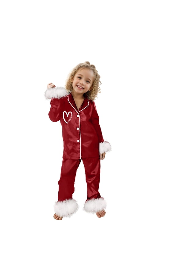 Pajama Set for Girls 2PC Valentine's Day Lapel Button up Heart Graphics Kids Sleepwear 2 Piece Outfits(8Y 8-9 Years,RD1)