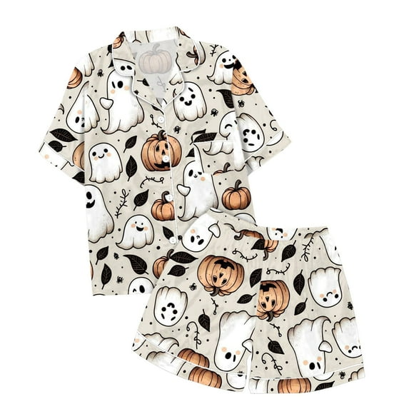 Pajama Set for Girls Halloween Pumpkin Print Button-up Silk Pajama Sleepwear Nightwear Loungewear Clothes Set Gifts for Kids