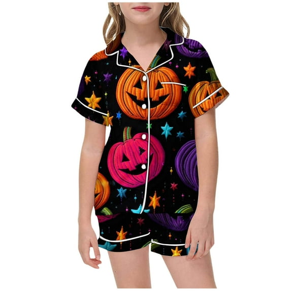 Pajama Set for Girls Halloween Pumpkin Print Button-up Silk Pajama Sleepwear Nightwear Loungewear Clothes Set Gifts for Kids