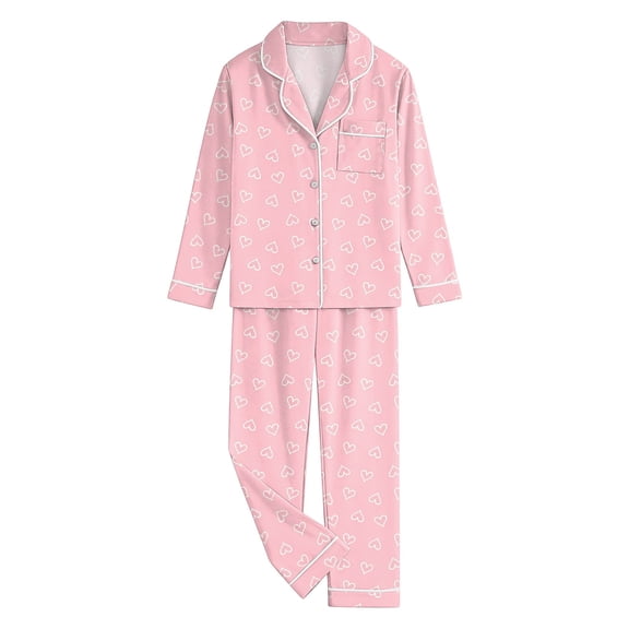 Pajama Set for Girls Valentines Pajamas Kids Long Sleeve Heart Print Button Down Sleep Top Little Girl Pajamas 6-7 Years