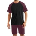 thumbnail image 1 of Pajama Set for Men Short Sleeve Pants Soft Color Block T Shirt Sleepwear Wine 5XL, 1 of 4