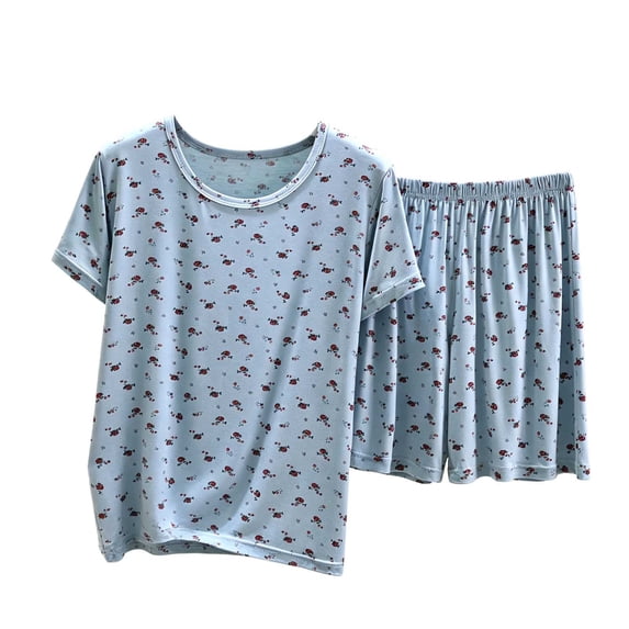 Pajama Set for Women 2 Piece Lounge Set Print Crew neck Short Sleeve Tops and Shorts Soft Sleepwear Blue-AAA XXL(XXL)
