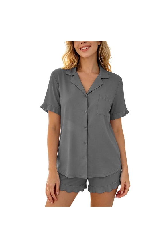 Pajama Set for Women 2 Piece Short Sleeve Ruffle Sleepwear Button Down Shirts Loose Shorts Breathable Soft Pjs Dark Gray XL