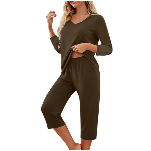 Pajama Set for Women 3/4 Sleeve V Neck Top with Capri Pants Pjs 2 Piece Loungewear Solid Color Soft Fall Sleepwear
