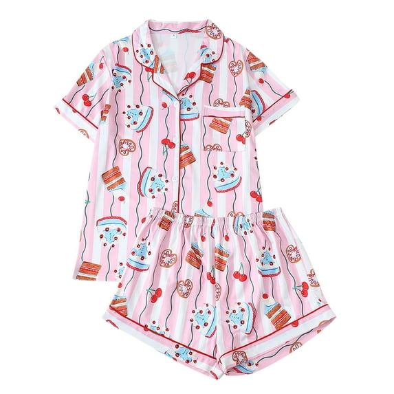 Pajama Set for Women Floral Print Button Down Short Sleeve Top and Shorts Holiday Gifts Cute Loungewear Set Pink M