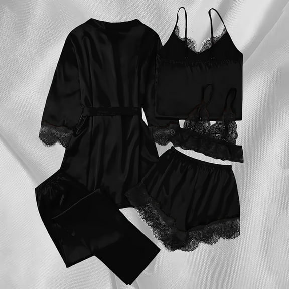 Pajama Set for Women Robes 5 Piece Pjs Lace Trim Nightgown Sleepwear Pants and Shorts Spring Loungewear Black XXL