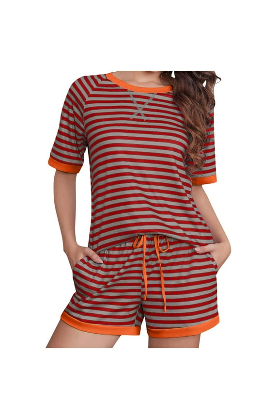 Pajama Set for Women Short Sleeve Pjs Sets Crewneck Striped Tops and Drawstring Shorts 2 Piece Lounge Sets with Pockets