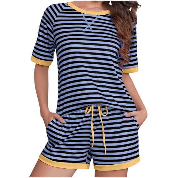 Pajama Set for Women Short Sleeve Pjs Sets Crewneck Striped Tops and Drawstring Shorts 2 Piece Lounge Sets with Pockets