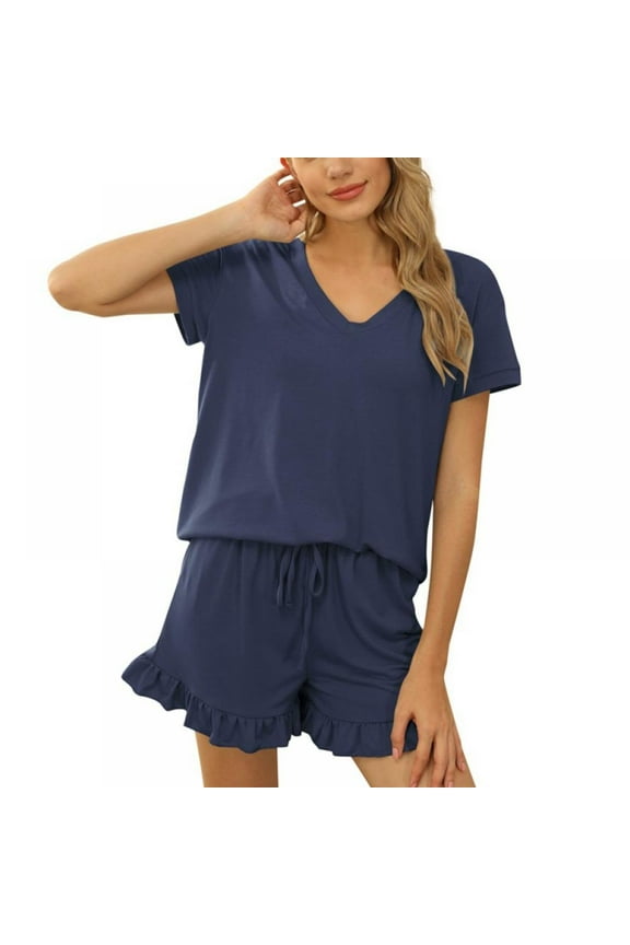 Pajama Set for Women Shorts Sleepwear V-neck Soft Summer Pj Lounge Set Loungewear S-XXL