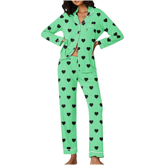 Pajama Set for Women's Valentine's Day Hearts Print Long Sleeve Button Shirt Long Pants Outfits Sleepwear Loungewear Nightwear Green S