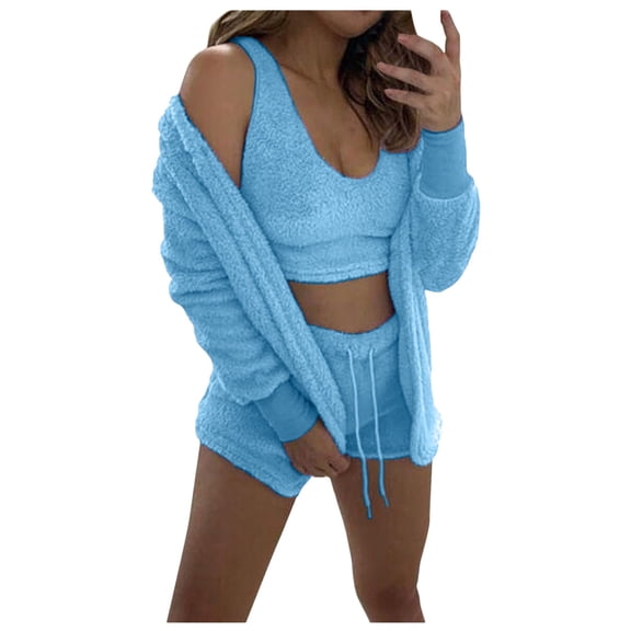 Pajama Sets For Women 2 Piece Fashion Warm Three Suit Soft Warm Flannel Shorts Cute Cat Beard Hooded Pjs Sets