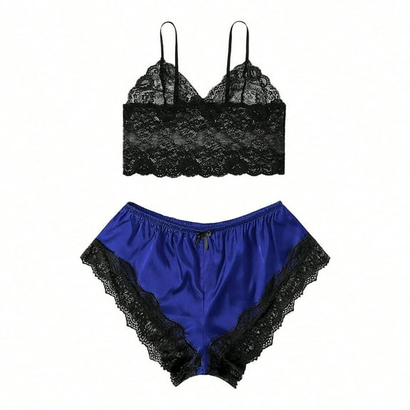 Pajama Sets For Women Elegant Lace Patchwork Pajamas Soft Cami Shorts Set V Neck Pj Home Clothes Blue XXL