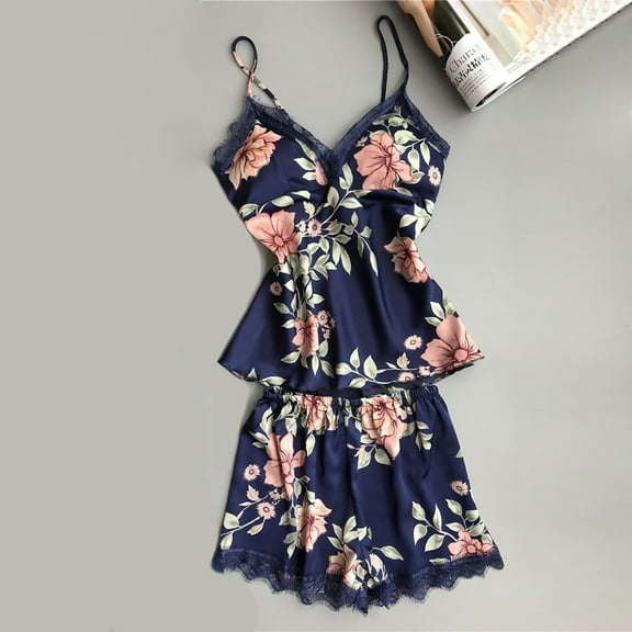 Pajama Sets For Women Satin Sleepwear Classic Floral Print V Neck Lace Cami Tops And Shorts Sleepwear Set Navy XL