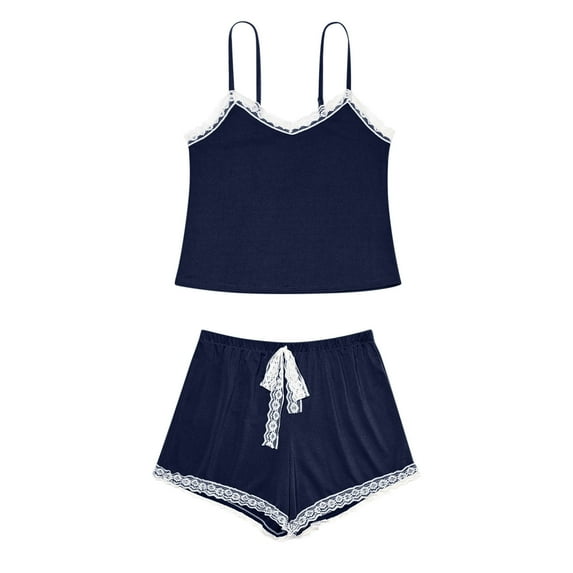 Pajama Sets For Women Summer Thin Backless Floral Pajamas Cotton Camisole Sleepwear Loungewear Dark Blue L