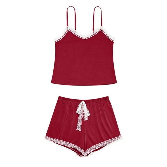 Pajama Sets For Women Summer Thin Backless Floral Pajamas Cotton Camisole Sleepwear Loungewear Red XL