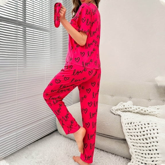 Pajama Sets For Women Valentine Heart Graphics Short Sleeve Casual Loose Cozy Cardigan Sleepwear Soft 2 Piece Outfits Loungewear Sets Red M