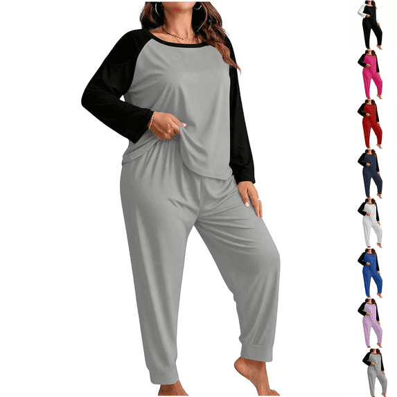 Pajama Sets Hzzrkos Women's Plus-Size Color-Block Long-Sleeve Pants Casual Loungewear/Pajama Set Gray XXXL