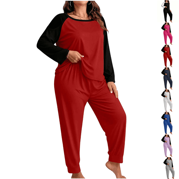 Pajama Sets Hzzrkos Women's Plus-Size Color-Block Long-Sleeve Pants Casual Loungewear/Pajama Set Red XXL
