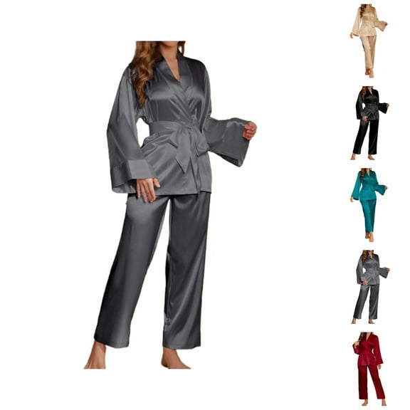 Pajama Sets – Summer Lightweight Lounge Sets for Women & Sleepwear Silk Pajama Set For Women Elegant Solid Color Robe And Long Pants Two Piece Loungewear