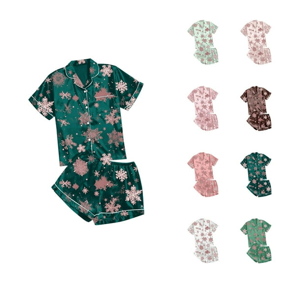 Pajama Sets – Two Piece Sets for Women & Minimalist Sleepwear Women's Casual Printed Pyjama Set Silk Satin Short Sleeve Button Down Top And Shorts Set