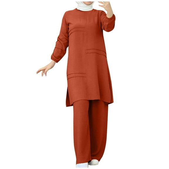 Pajama Sets for Women 2 Piece Capri Pants Sets Women 2 Piece Outfits Dressy Casual Women Spring Solid Color Muslim Solid Color Long Sleeve Shirt Coat Wide Leg Trousers Casual Suit